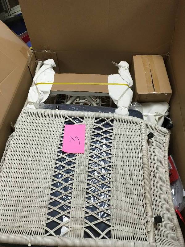 lot 3 image: Hampton Bay Park Meadows Off-White Swivel Rocking Wicker Outdoor Lounge Chair with Midnight Cushion open box not used