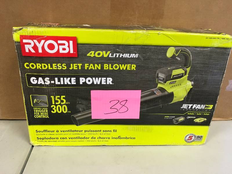 lot 38 image: Ryobi 40 Volt Lithium Cordless Jet Fan Blower used in good working condition