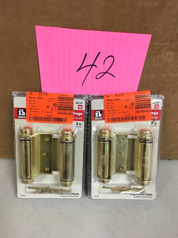 lot 42 image: Everbilt 3 in. Bright Brass Double-Action Spring Door Hinge - Lot of 2