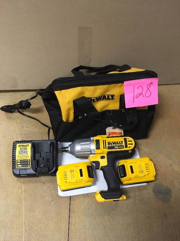 lot 128 image: DeWalt 20-Volt MAX Lithium-Ion Cordless 12 in. Impact Wrench Kit with (2) Batteries 4Ah, Charger and Contractor Bag