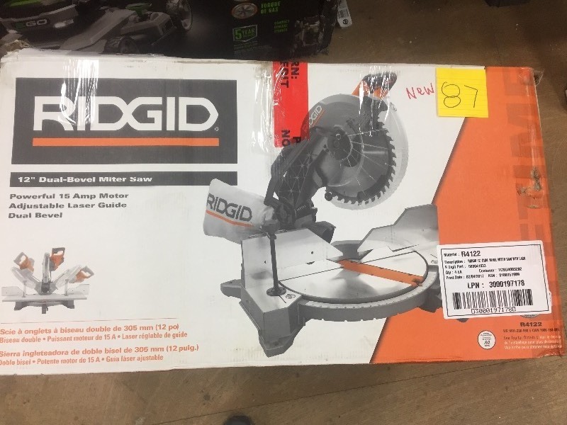 lot 87 image: Ridgid 15 Amp 12 in. Dual Bevel Miter Saw with Laser not used