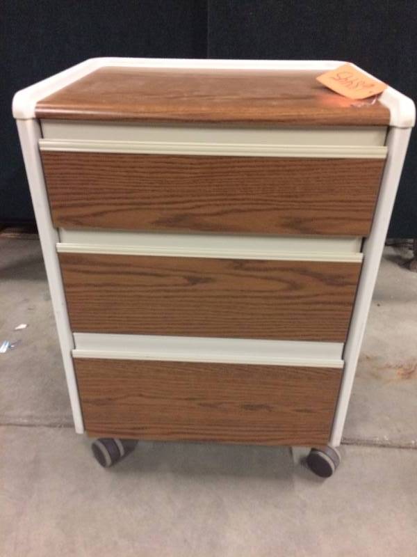lot 2 image: Hospital Grade Medical Clinic Nursing Home Care Facility Patient Bedside 3 Drawer Wood Grain Mobile Cabinet Ventilated Dresser Storage - Excellent Condition