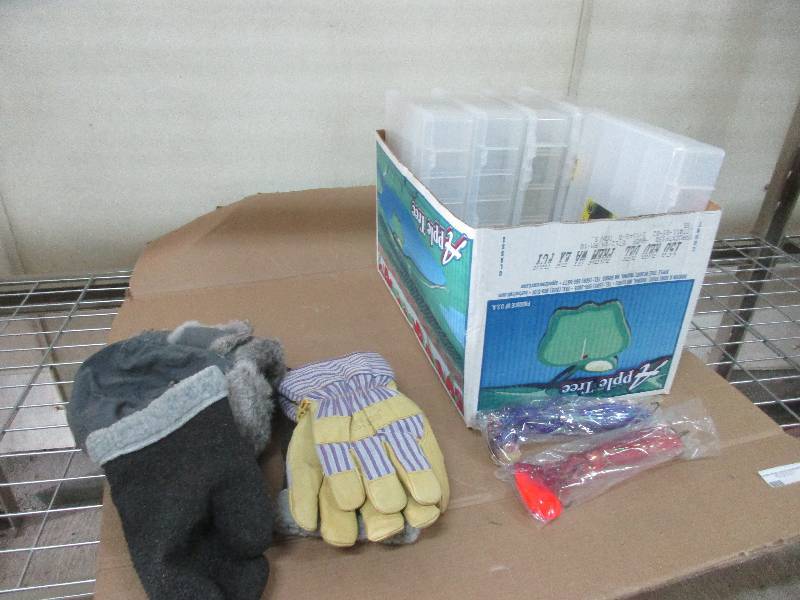 lot 61 image: Hats, gloves, spinner baits and tackle boxes