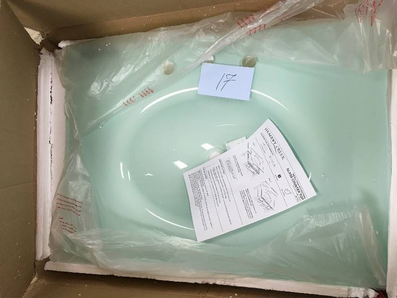 lot 17 image: Pegasus 31 Glass Vanity Top with Sink, White, Single, Drop In, Glass, Shite, Black, Backsplash included open box never used