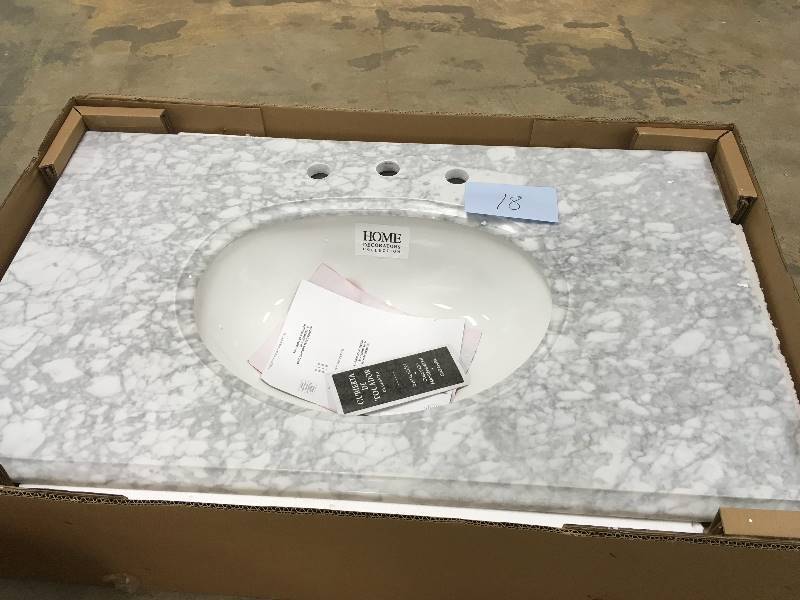 lot 18 image: Pegasus PE37108 37 in. W Marble Vanity Top with White Bowl and 8 in. Faucet Spread Carrara open box never used