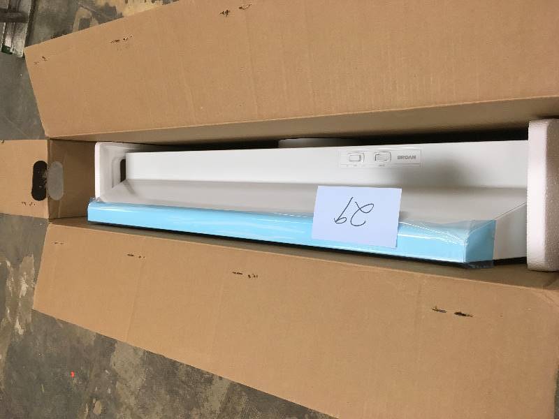 lot 29 image: BROAN 423601 Range Hood, 190 CFM, 36 in, 7 in, White open box never used