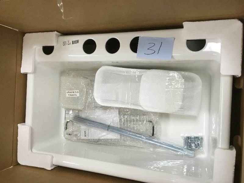 lot 31 image: Kohler Riverby 33 X 22 X 9-58 Under-Mount Single-Bowl Kitchen Sink with Accessories, White open box never used