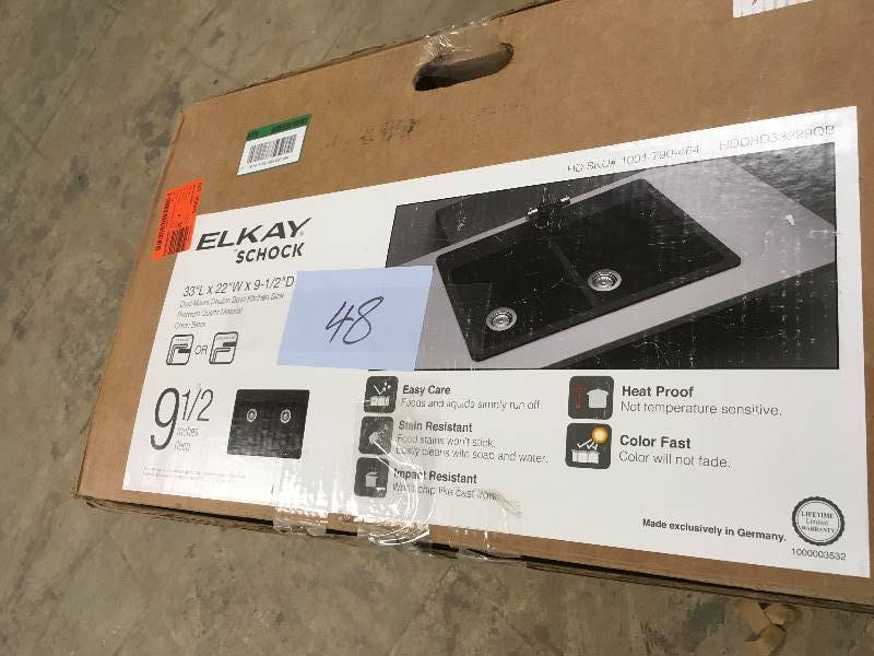 lot 48 image: Elkay by Schock Drop-InUndermount Quartz Composite 33 in. Double Bowl Kitchen Sink in Black open box never used