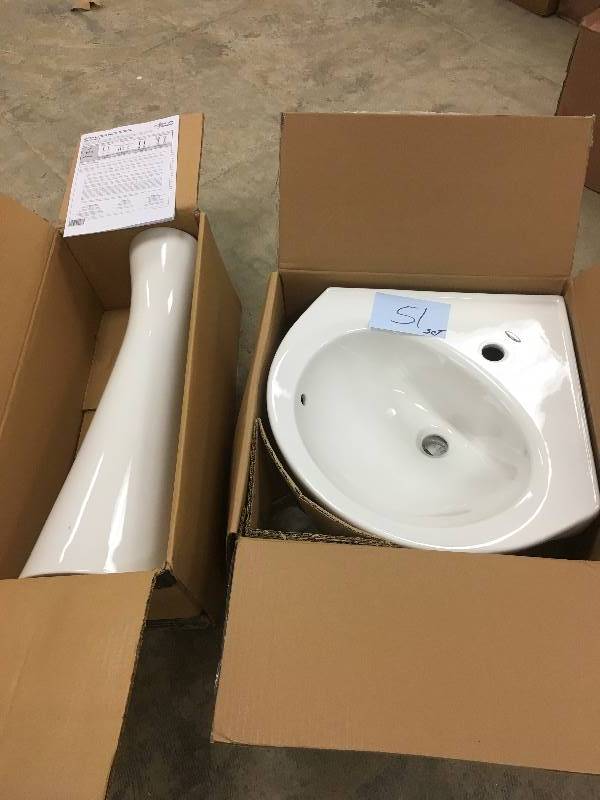 lot 51 image: American Standard Cornice Wall-Hung Wall Mount Bathroom Sink, White & Cornice Pedestal Sink Leg open box never used