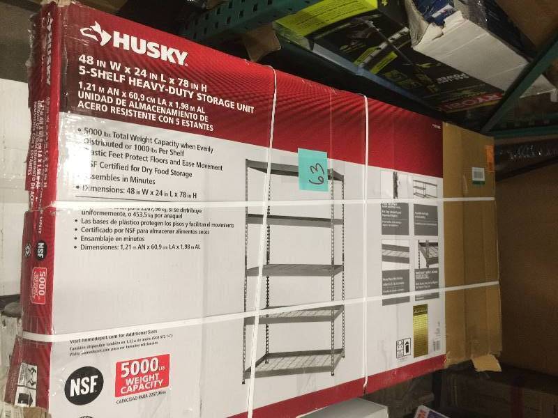 lot 63 image: Husky 48 in. W x 24 in. L x 78 in. H 5-Shelf Heavy-Duty Storage Unit  open box never used