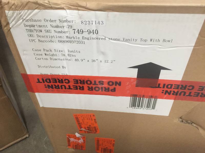 lot 84 image: Home Decorators Collection 37 in. W x 22 in. D Engineered Marble Vanity Top in Snowstorm with White Single Trough Basin open box never used