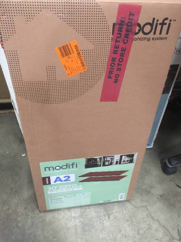 lot 97 image: Modifi 30 in. W x 0.75 in. H x 15 in. D Melamine Adjustable Shelf in Mocha open box never used