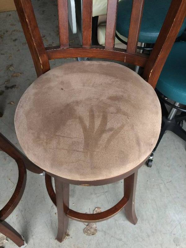 lot 11 image: Nice Pair Of Wood Swivel Bar Stools Chairs - Suede Seat - Light Stains & Minor Wear To Wood Finish - Very Sturdy