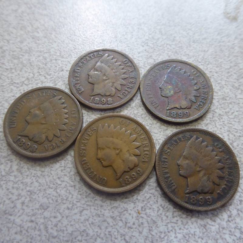 lot 76 image: Lot of 5 Indian Head Cents 1898-99 Variety