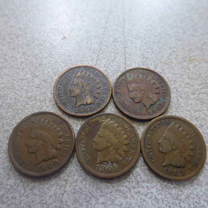lot 80 image: Lot of 5 Indian Head Cents 1900-03 Variety