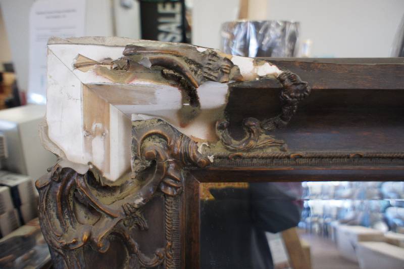 lot 57 image: Qingyuan Weilibang Wooding CO. Antique  vintage Mirror - Damaged in various spots -   48 X 60 VERY COOL PIECE