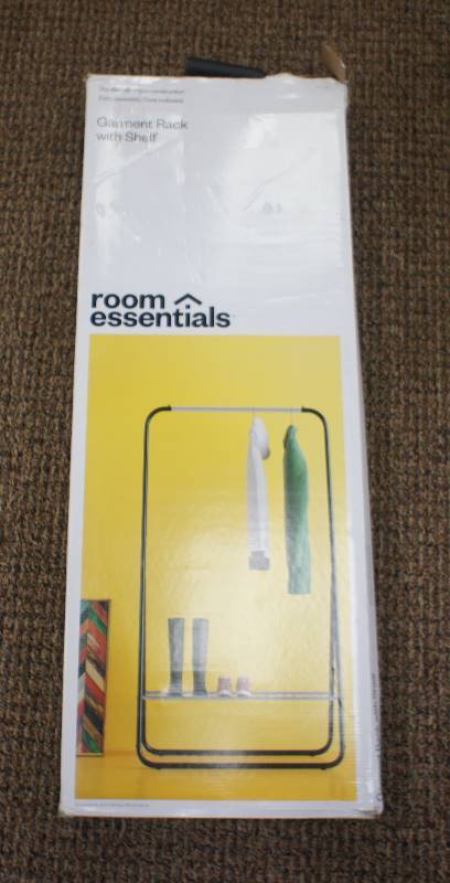 lot 75 image: In (damaged) box Single Rod Garment Rack with Shelf - BlackSilver - Room Essentials
