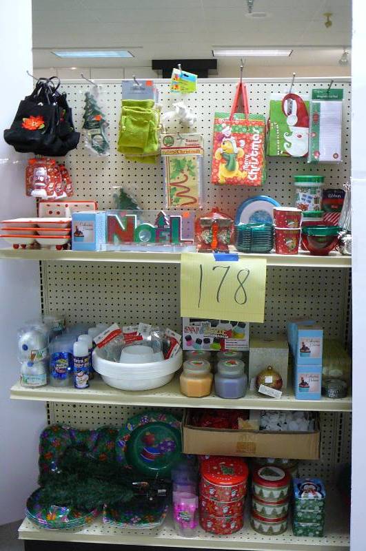 lot 178 image: Fabric bags. Spray snow, Xmas cookie tins, Candles