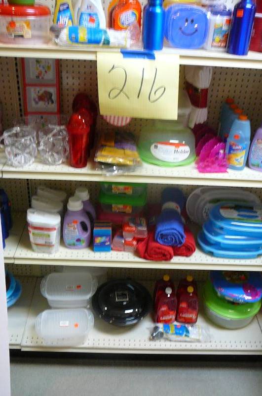 lot 216 image: Beach towels, 5 Section appetizer platter, Laundry detergent