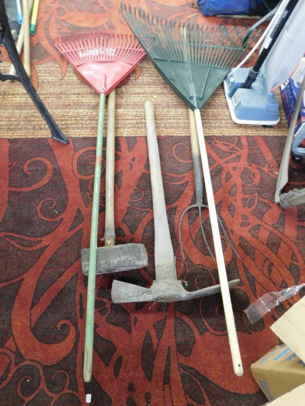lot 94 image: LAWN RAKES, SLEDGE HAMMER AND PICK AXE