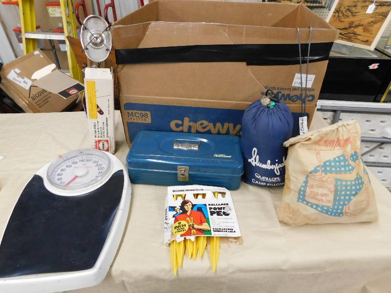 lot 111 image: SMALL METAL TACKLE BOX, TENT STAKES, SCALE, GRASSHOPPER STOVE, VINTAGE CLOTHES PINS