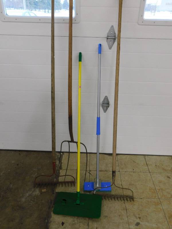 lot 137 image: GARDEN RAKES, PITCH FORK, MOPS