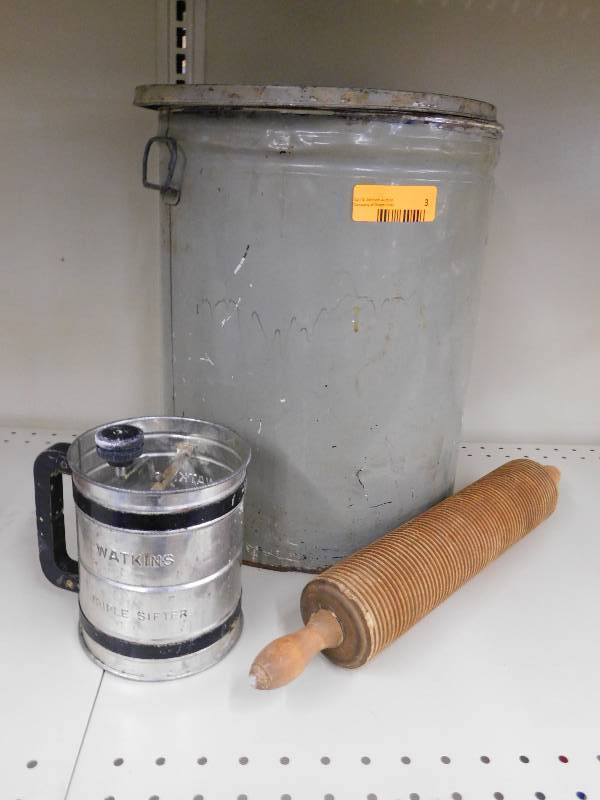lot 3 image: VINTAGE FLOUR BIN, ROLLING PIN AND WATKINS SIFTER