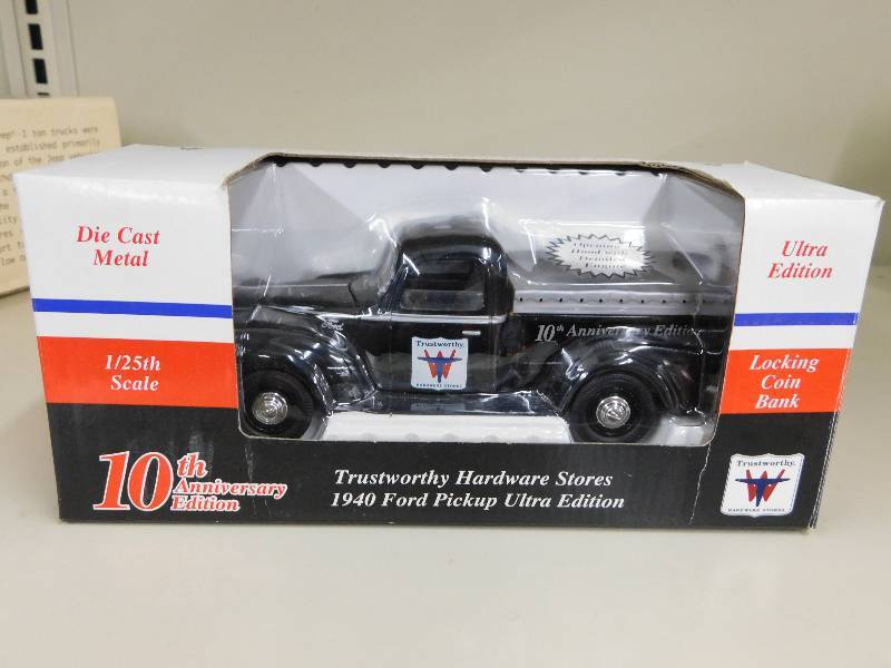 lot 4 image: DIE CAST METAL 125TH SCALE 1940 FORD PICKUP, TRUSTWORTHY HARDWARE STORES
