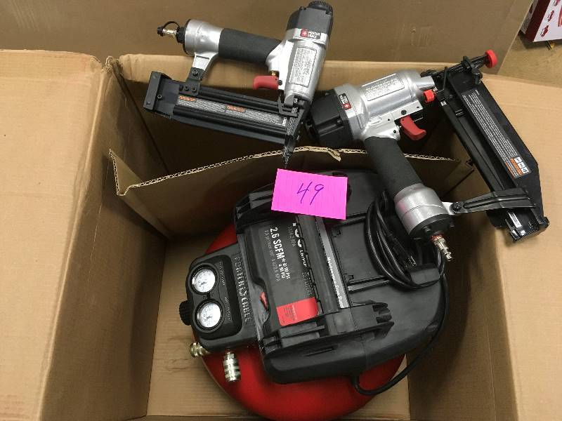lot 49 image: Porter-Cable PCFP12234 6 Gallon Compressor 2-Piece Nailer and Brad Combo Kit in working conditions