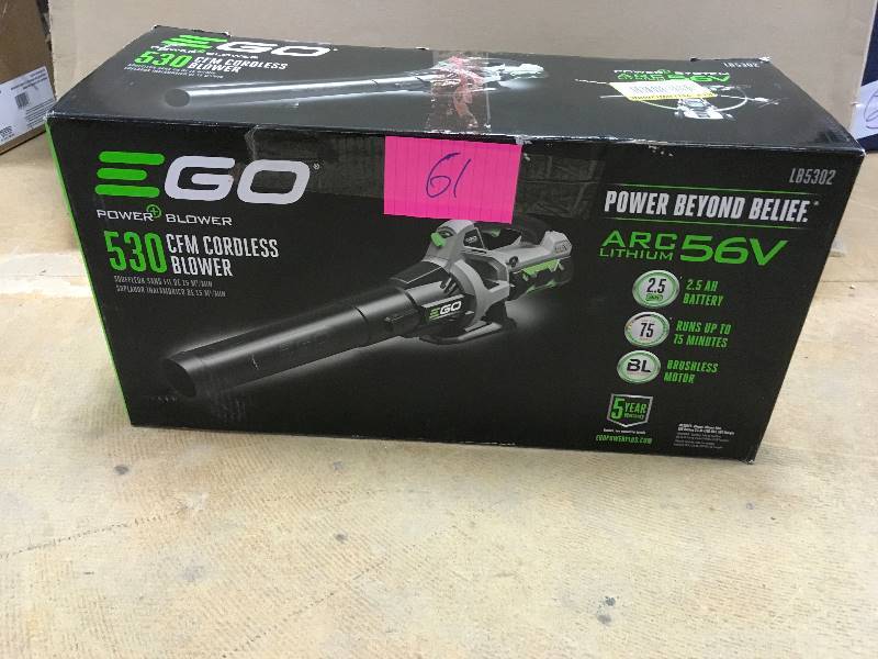 lot 61 image: EGO 530 CFM Cordless Blower ARC Lithium 56 V includes Blower, Blower Tube, 56V Battery 2.5 Ah, 56V Charger in like new working conditions