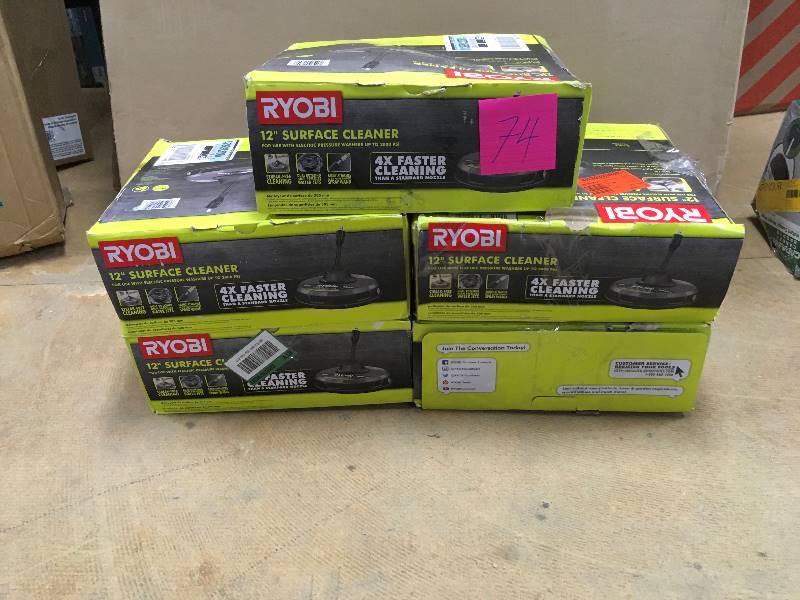 lot 74 image: Ryobi 12 in. 2000-PSI 1.4-GPM Quick Connect Surface Cleaner for Electric Pressure Washers - Lot of 5 open box never used