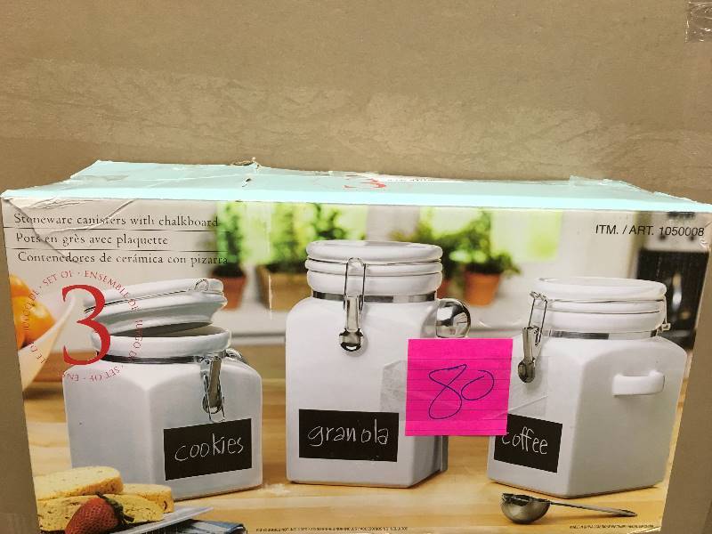 lot 80 image: Stoneware Canisters with Chalkboard Set of 3 New
