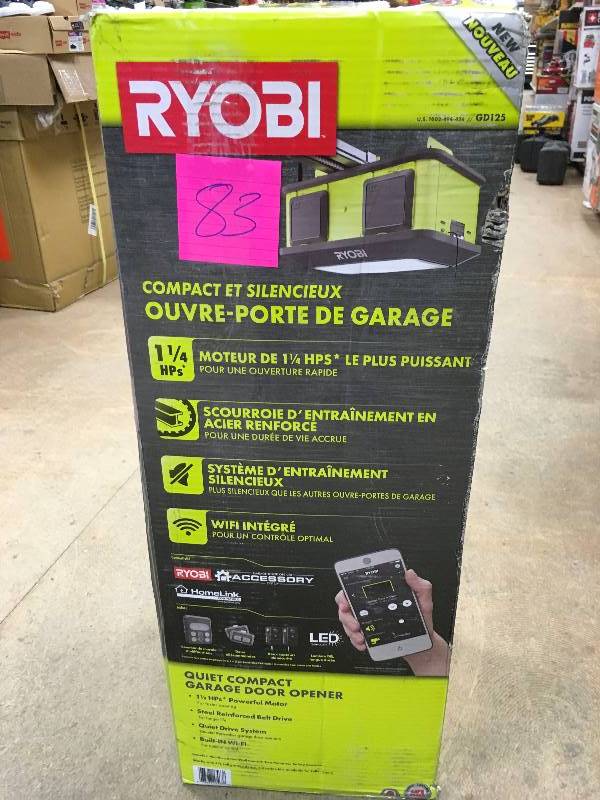 lot 83 image: Ryobi 1.25 HP Belt Quiet Compact Garage Door Opener New