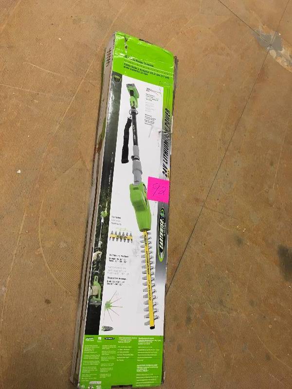 lot 92 image: Great States Corporation Earthwise Cordless 24 Volt Lithium-Ion Pole 17-Inch Hedge Trimmer open box never used
