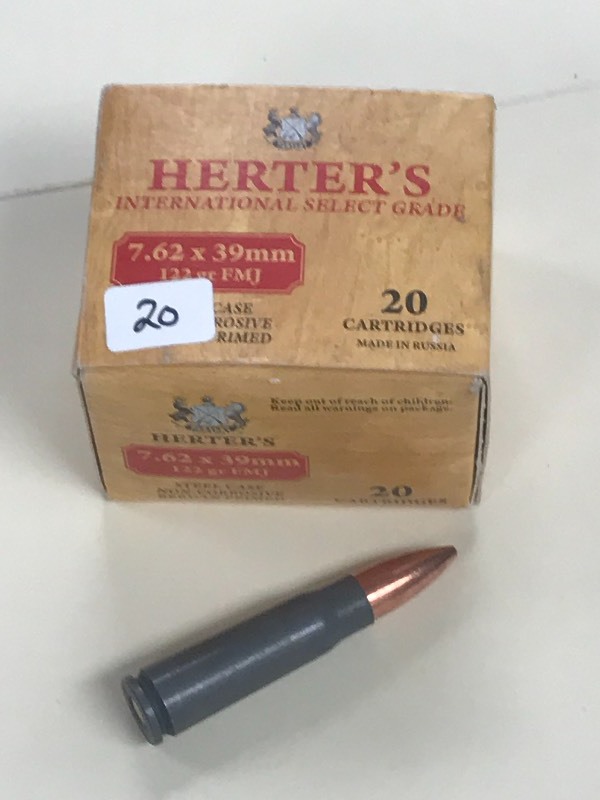 lot 20 image: 20-Round Box Of Herters 7.62 X 39mm...