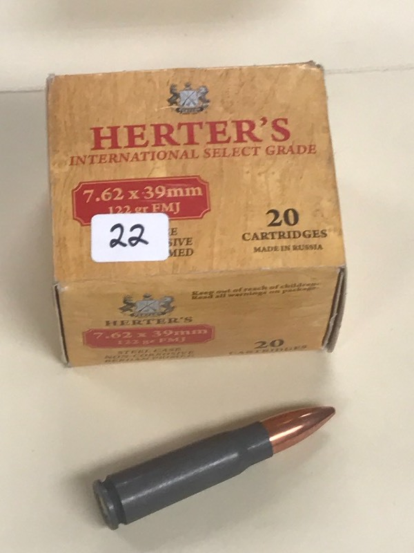 lot 22 image: 20-Round Box Of Herters 7.62 X 39mm...