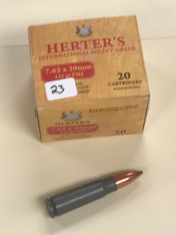 lot 23 image: 20-Round Box Of Herters 7.62 X 39mm...