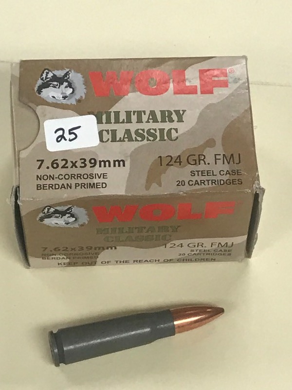 lot 25 image: 20-Round Box Of Wolf 7.62 X 39mm 12...