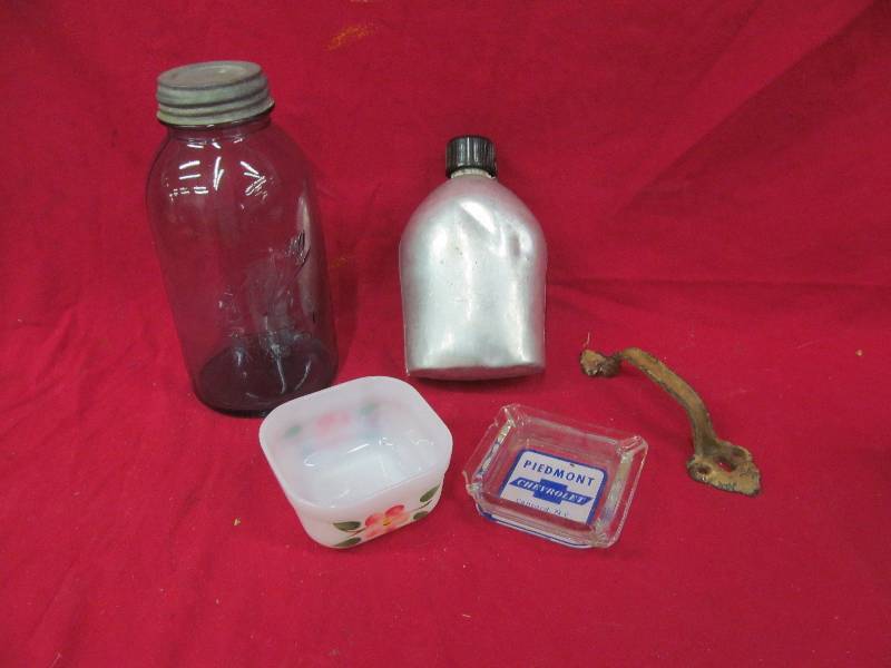 lot 199 image: Fire King dish, Ball Jar, handle canteen