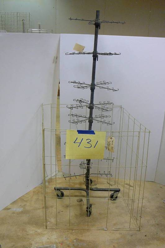 1 wire rack w casters 66 tall, 1 wire floor display basket 29 X  29 X 34 tall