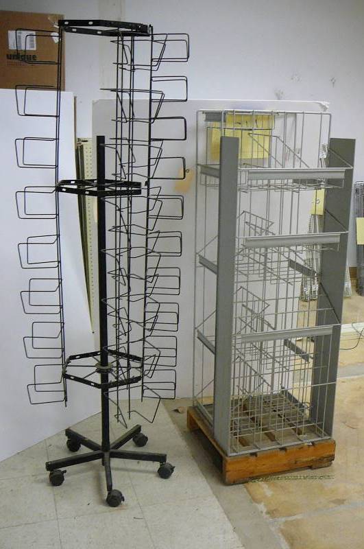 1 wire display rack 18 X 18 X 52 tall, 1 wire display wire rack 97 tall on casters