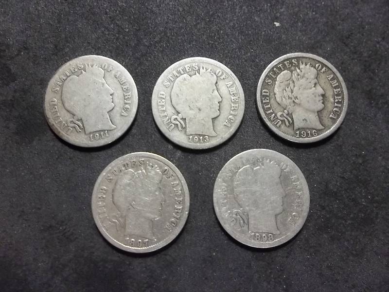 1897, 1898 O, 1911, 1913, 1916 S Barber Dimes