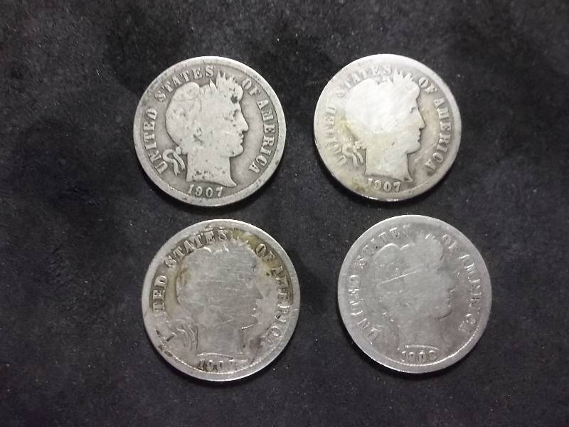 1907 D, 1907 S, 1908 D, 1908 S Barber Dimes