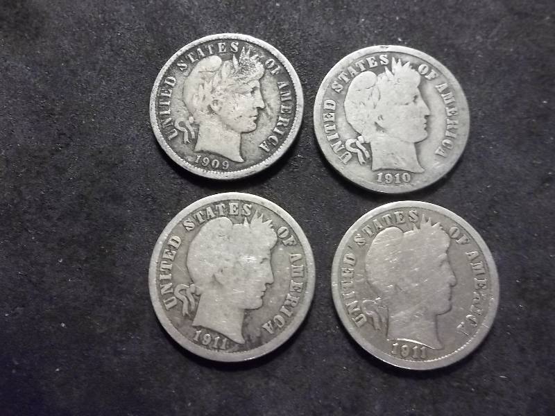 1909, 1910, 1911 D, 1911 S Barber Dimes