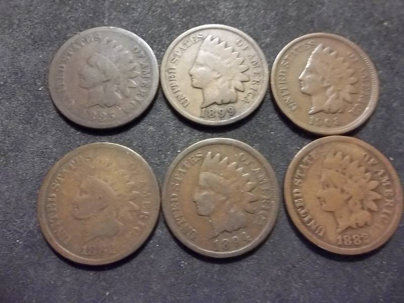6-Assorted Indian Head Cents 1882, 1882, 1885, 1894, 1899, 1908