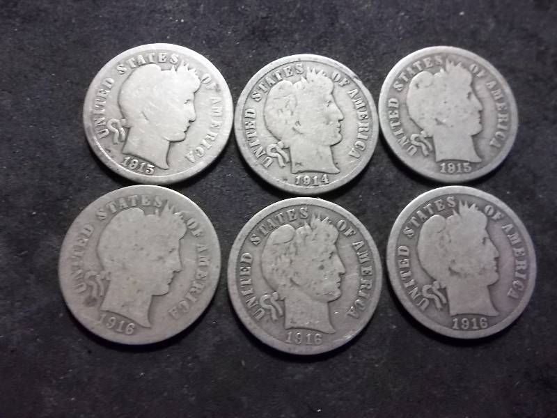 1914 D, 1915, 1915, 1916, 1916, 1916 S Barber Dimes
