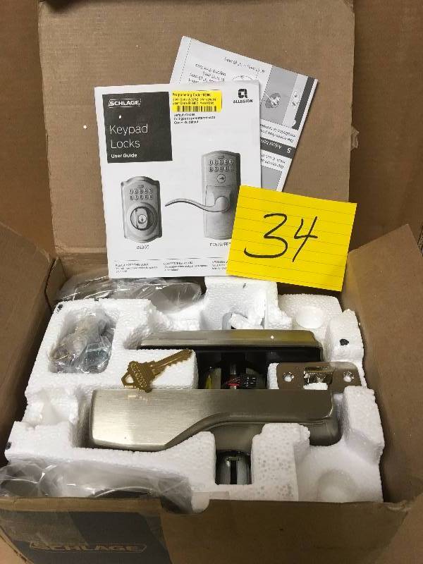lot 34 image: Schlage Camelot Keypad Entry WFlex-Lock & Accent Lever in Satin Nickel - Open Box