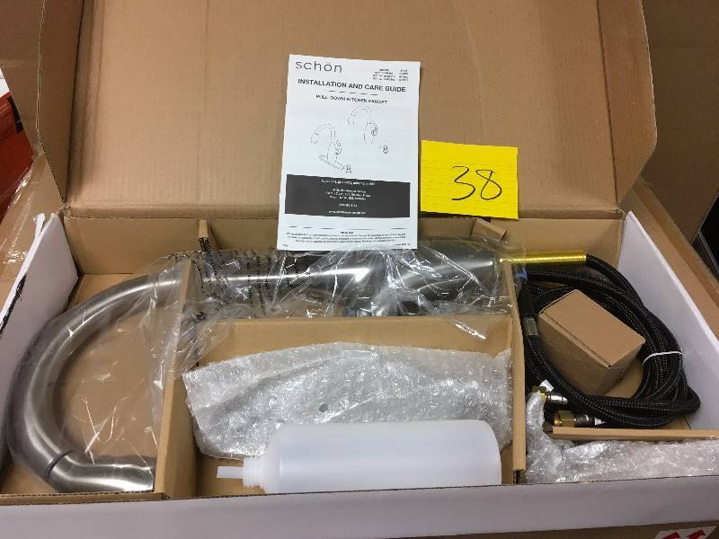 lot 38 image: Schon Contemporary Single-Handle Pull-Down Sprayer Kitchen Faucet with Soap Dispenser in Stainless Steel - Open Box