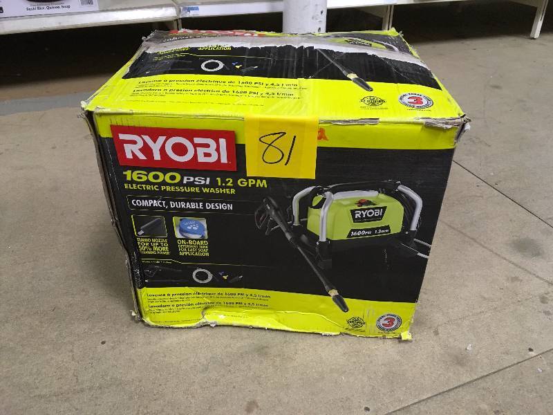 lot 81 image: Ryobi 1600 PSI 1.2 GPM Electric Pressure Washer - Open Box