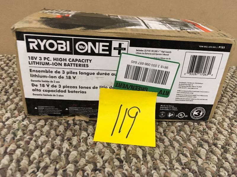 lot 119 image: Ryobi One 18 Volt 3 Piece High Capaciy Lithium-Ion Batteries - Open Box Not Used